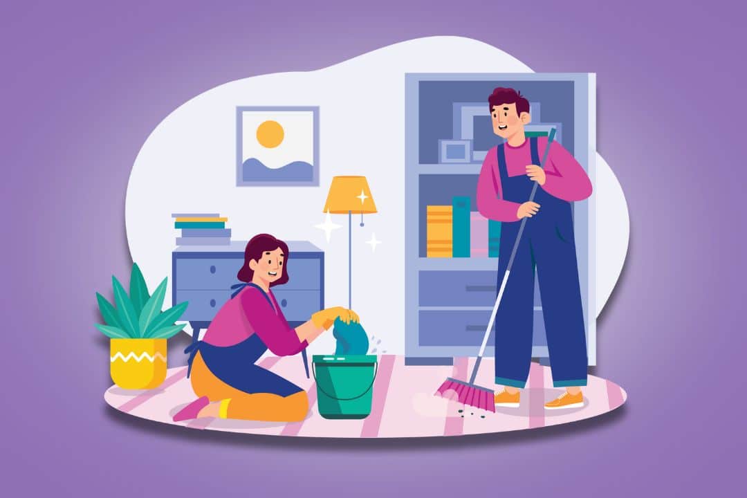 homem e mulher limpando a casa com eficiencia